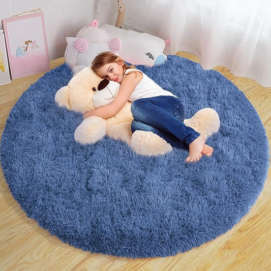 Round Fluffy for Bedroom Rugs, 4Ft Navy Blue Shag Circle Rug Non-Slip for Kids Girls Boys Bedroom Dorm Nursery Playroom, Soft Cute Area Rugs for Living Room Decor