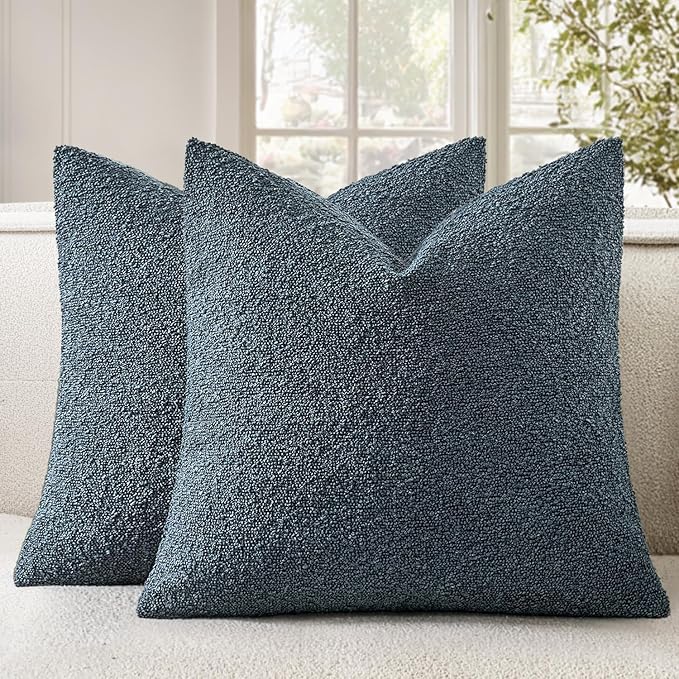 Woaboy Pack of 2 20x20 Inch Decorative Boucle Throw Pillow Covers Textured Square Pillowcaes Accent Solid Cozy Soft Cushion Covers Home Decor for Sofa Couch Living Room Home Decor,Dark Blue