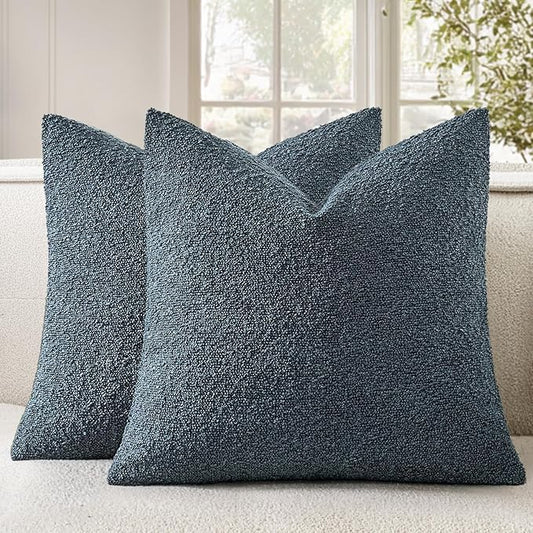 Woaboy Pack of 2 20x20 Inch Decorative Boucle Throw Pillow Covers Textured Square Pillowcaes Accent Solid Cozy Soft Cushion Covers Home Decor for Sofa Couch Living Room Home Decor,Dark Blue