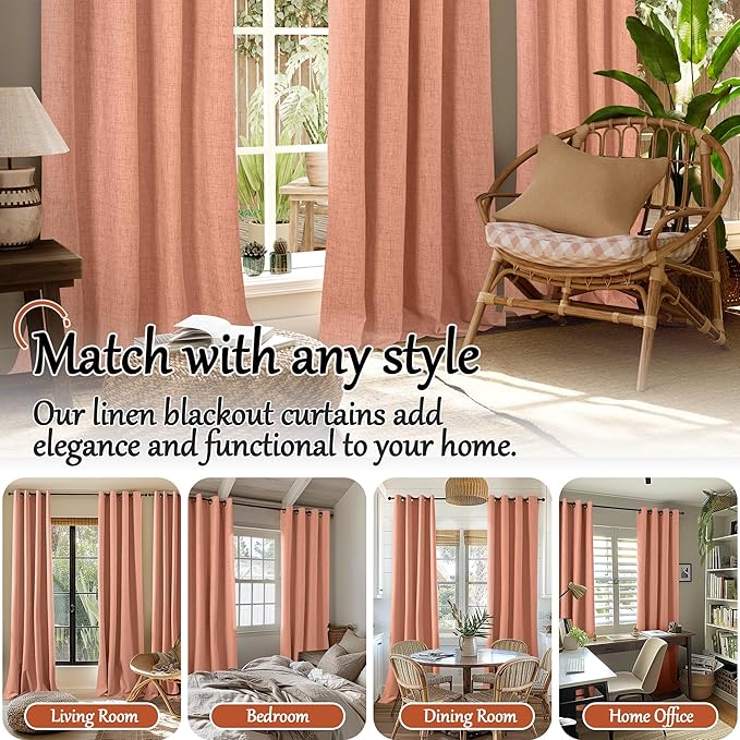 Lajode 60 Inch Wide Linen Blackout Fall Curtains for Bedroom, Terracotta Curtains 63 Inch Long 2 Panels, Total Black Out Thermal Insulated Energy Saving Boho Window Drapes, 60x63 Inch 2 Panels