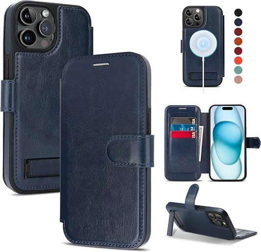 CIVICASE for iPhone 15 Pro Wallet Case with Stand,PU Leather Flip Credit Card Holder Slots (RFID Blocking),Compatible with Magsafe Magnetic Holder Phone Cover Women Men,Blue