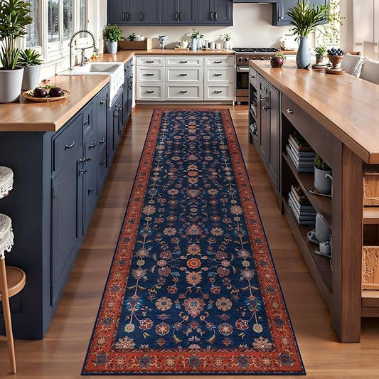 Tangsoo 2.6x12 Washable Runner Rug for Hallway Non Slip, Boho Floral Vintage Red Blue Carpet Long Runner Rugs for Entryway Kitchen, Floor Low Pile Runners for Laundry Bedroom Alfombra Farmhouse