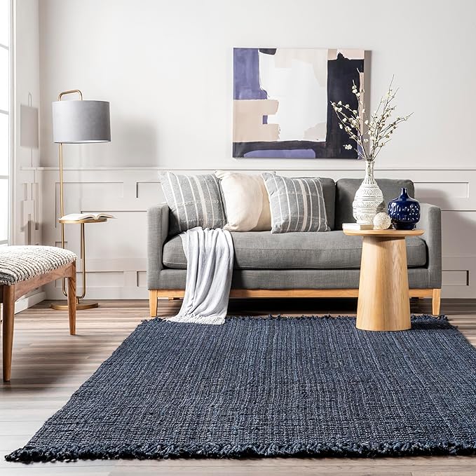 nuLOOM 6x9 Daniela Jute Tassel Hand Woven Area Rug, Navy, Solid Chunky Farmhouse Design, Natural Fiber, For Bedroom, Dining Room, Living Room, Hallway, Office, Entryway