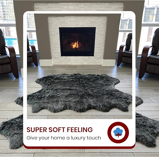 Free Shape Luxury Soft Fluffy Shag Area Rug Decto 10 Pelts 6'x10', 180x300cm - Vegan Fur Ultra Soft Indoor Carpet Nursery Rugs for Bedroom Home Decor, Black with White Tips