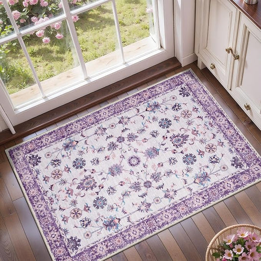 Tangsoo Small Rug 2x3 Washable Entry Rug for Entryways Non-Slip Vintage Floral Throw Area Rugs Purple Boho Rugs Distressed Floor Carpet Soft Low Pile Door Mat for Entrance Bedroom Kitchen Foyer Decor