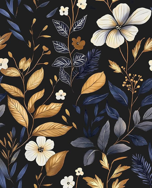 Blue/Gold Leaf Wallpaper Peel and Stick Vintage Dark Floral Wallpaper Waterproof Self Adhesive Removable Boho Wall Paper Modern for Bedroom Walls Drawer Cabinet 17.5in x118in