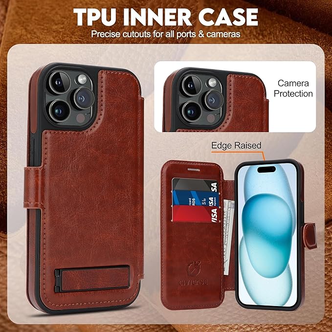 CIVICASE for iPhone 14 Pro Max Wallet Case with Stand,PU Leather Flip Credit Card Holder Slots (RFID Blocking),Compatible with Magsafe Magnetic Holder Phone Cover Women Men,Dark Brown
