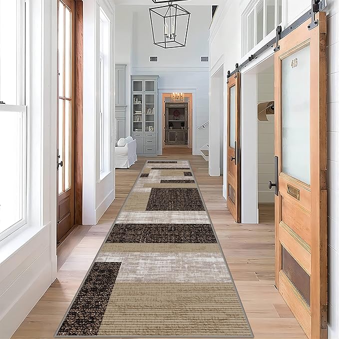 Modern Geometric Patchwork Long Hallway Rug Runners, 1.3x7ft, Neutral Brown Geometry Aesthetic Entrance Carpet, Absorbent Washable Foldable No Crease High Traffic Mat for Laundryroom