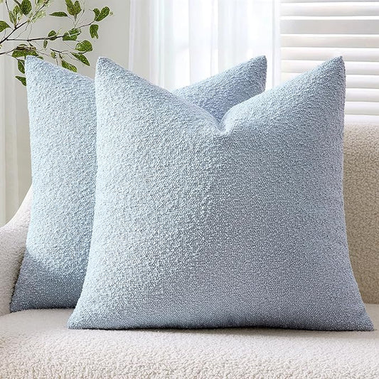 ANRODUO Pack of 2 Textured Boucle Throw Pillow Covers Soft Light Blue Euro Decorative Accent Solid Pillow Cases Cozy Modern Couch Cushion Case for Bed Sofa Bedroom Living Room Home Decor, 24 x 24 Inch