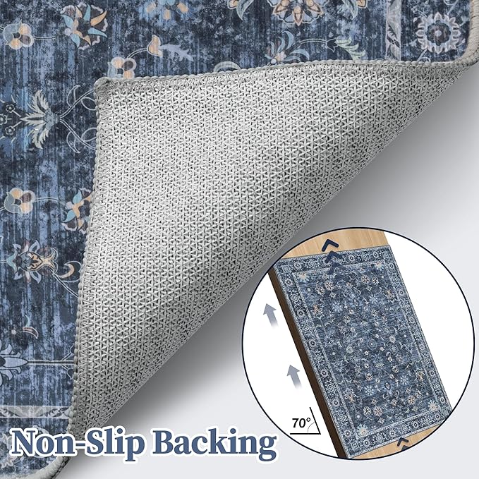 Tangsoo Washable Area Rugs 3x5 Non Slip, Boho Distressed Vintage Blue Floral Throw Rug for Bedroom Entryway, Soft Low Pile Floor Carpet Indoor Mat for Entrance Bedside Kitchen Nursery Office Farmhouse