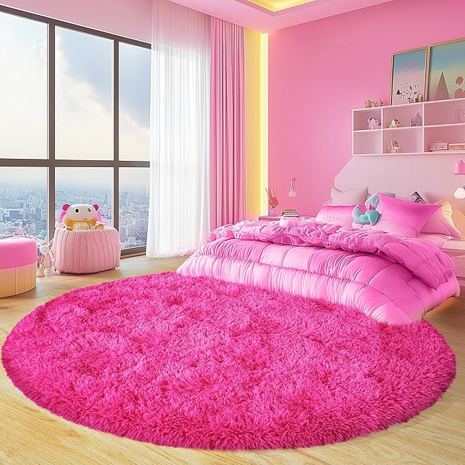 Round Fluffy Rugs 7Ft for Girls Bedroom, Hot Pink Shag Circle Kids Rug Non-Slip for Bedside Dorm Nursery Playroom, Soft Cute Area Rugs for Living Room Decor