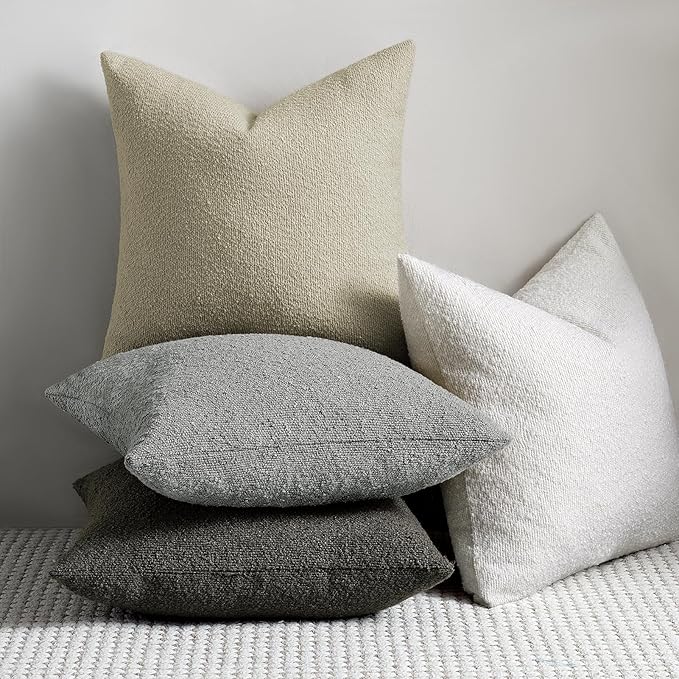 Throw Pillow Covers 24 x 24 Inch Set of 2, Beige Decorative Accent Solid Boucle Textured Pillow Cover, Cozy Neutral Cushion Pillow Cases for Living Room, Sofa, Chair, Bedroom, Home Decor