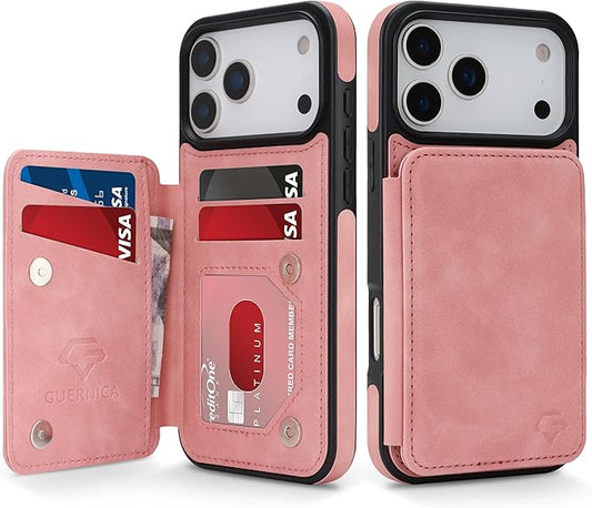 GUERNICA for iPhone 17 Pro Max (6.9") Case Wallet with Card Holder, RFID Blocking Leather Protection, Shockproof Women Men Phone Case for Apple 17 Pro Max, Pink