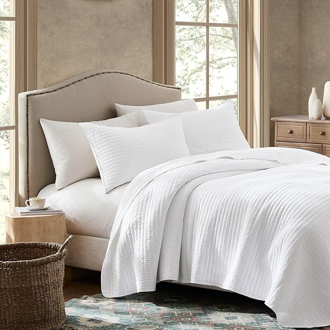 WDCOZY 100% Cotton Twin Size Quilt Set - White Striped Pick Stitch Soft Lightweight Bedspread, Textured Like Linen, Farmhouse Country Rustic Coverlet, Shabby Chic Gauze Bedding, 2 Pieces