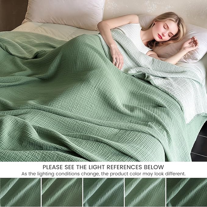 FALUCA Cotton Muslin Reversible Blanket 50x60 Inches for Bed, Couch, Four Layers Blanket, Soft Lightweight Cozy Breathable Farmhouse Decoration for All-Season, Light Green