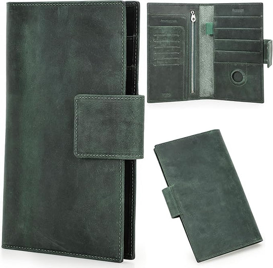 Top Grain Leather Travel Passport Wallet Holder for Man & Woman, Snap Button Design for 4 Passports & Multi Cards, RFID Blocking Large Capacity for Passports/Cards/Checks/Bills, Dark Green