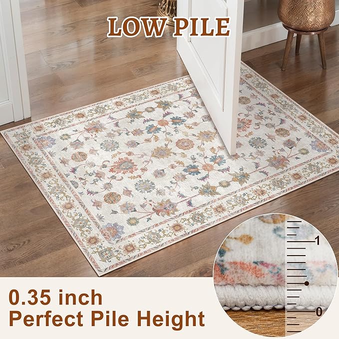 Tangsoo Floral 2x3 Washable Rug,Vintage Floral Indoor Boho Rugs,Non-Slip Print Distressed Rug for Entryway, Soft Low Pile Small Area Rug for Front Door Kitchen Bedroom