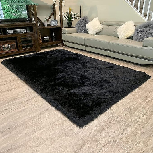 LAMBZY High Pile Super Fluffy Soft Faux Sheepskin Rug | Faux Sheepskin Rugs for Living Room Playroom Bedroom | Classic Super Soft to Touch Rug (5'x8', Black)