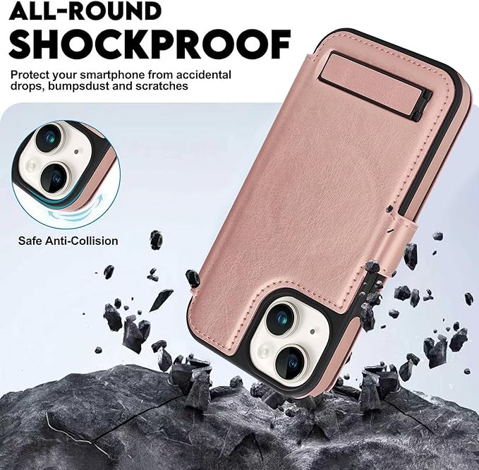 CIVICASE for iPhone 13/iPhone 14 Wallet Case with Stand,PU Leather Flip Credit Card Holder Slots (RFID Blocking),Compatible with Magsafe Magnetic Holder Phone Cover Women Men,Rose Gold