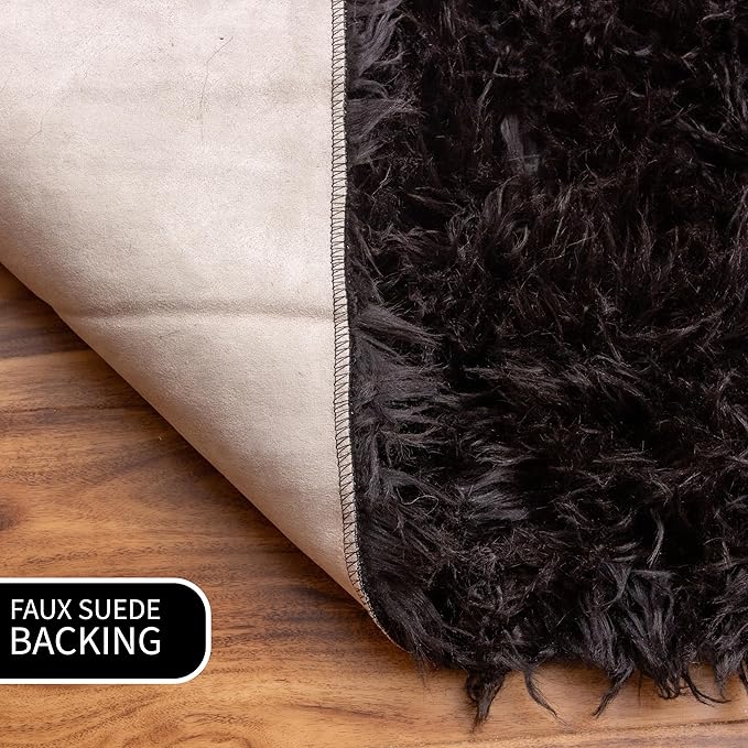 Super Area Rugs Ultra Soft & Fluffy Faux Sheepskin Rug, Black 8 x 10 Feet Carpet for Bedroom Living Room