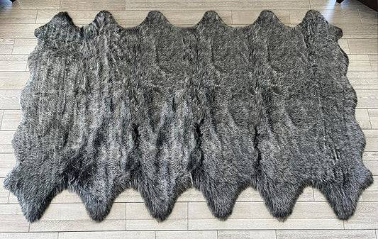 Free Shape Luxury Soft Fluffy Shag Area Rug Duo Decto 12 Pelts 6'x12', 180x360cm - Vegan Fur Ultra Soft Indoor Carpet Nursery Rugs for Bedroom Home Decor, Black with White Tips