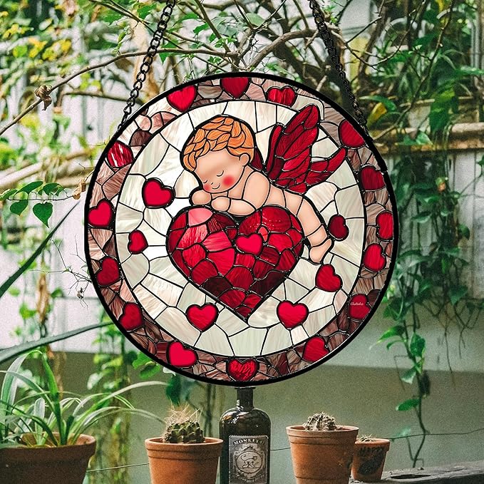 Stained Glass Window Hanging - Red Love Angel Sun Catcher for Door Garden Home Decor Cute Suncatcher Christmas Mother's Day Birthday for Women Men Mom Nana 15 in