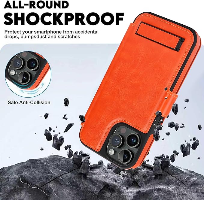 CIVICASE for iPhone 14 Pro Wallet Case with Stand,PU Leather Flip Credit Card Holder Slots (RFID Blocking),Compatible with Magsafe Magnetic Holder Phone Cover Women Men,Orange