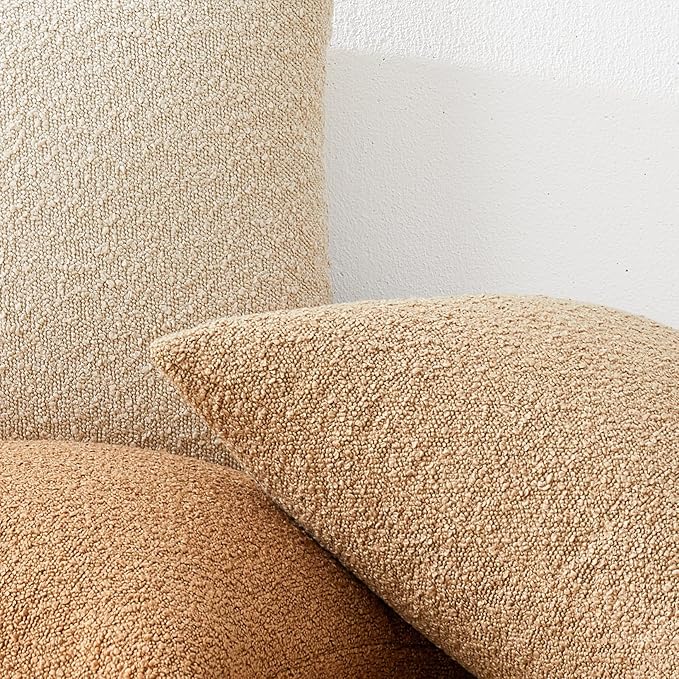 Mixhug Decorative Boucle Throw Pillow Covers, Camel, 18 x 18 Inches, Pack of 2 - Textured Boho Pillow Covers for Couch and Bed