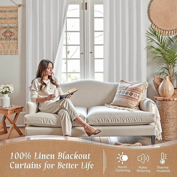 LAMIT 100% Blackout Linen Curtains, 72 Inch Linen Textured Living Room Curtains Room Darkening Back Tab and Rod Pocket Burlap Neutral Panels with White Liner, 2 Panels, 52 x 72 Inch, Light Grey