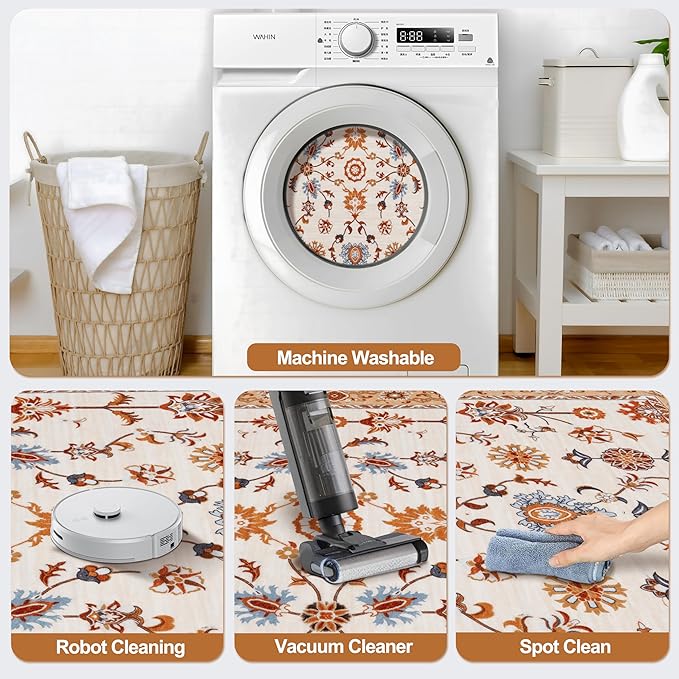 Tangsoo Floral Area Rug 5x7 Machine Washable Orange Rug Non-Slip Vintage Distressed Boho Print, Soft Low Pile Carpet for Living Room, Bedroom, Dining Room, Pet & Child Friendly (Orange Home Decor)