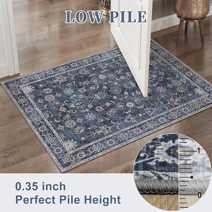 Tangsoo Vintage Round Rug 4ft Washable Circle Rug, Non Slip Small Boho Blue Round Rug, Low Pile Floral Circular Rugs, Machine Washable Round Carpet for Bedroom,Entryway,Nursery,Dorm,Kitchen,Office