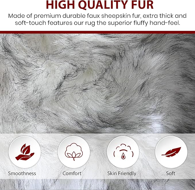 Free Shape Luxury Soft Fluffy Shag Area Rug Duo Decto 12 Pelts 6'x12', 180x360cm - Vegan Fur Ultra Soft Indoor Carpet Nursery Rugs for Bedroom Home Decor, White/Black Tips