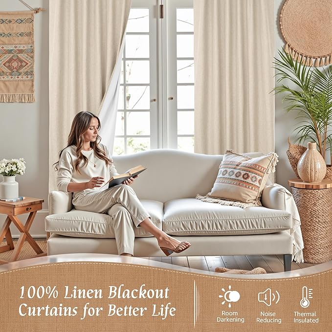 LAMIT 100% Blackout Natural Linen Curtains, 72 Inches Linen Textured Thermal Bedroom Curtains Back Tab and Rod Pocket Neutral Panels with White Liner for Farmhouse, 2 Panels, 52 x 72 Inch