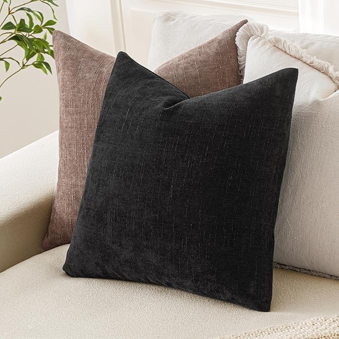 MIULEE Pack of 2 Decorative Throw Pillow Covers Soft Chenille Throw Pillows Solid Neutral Farmhouse Textured Cushion Covers for Couch Sofa Bedroom Living Room 18x18 Inch, Black