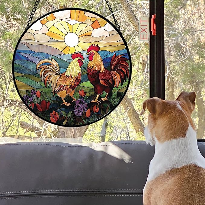 Stained Glass Window Hanging, Countryside Scenery Chicken Sun Catcher for Door Home Decor Sunrise Suncatcher Christmas Mother's Day Birthday Gifts for Women Men Mom Nana 15 in