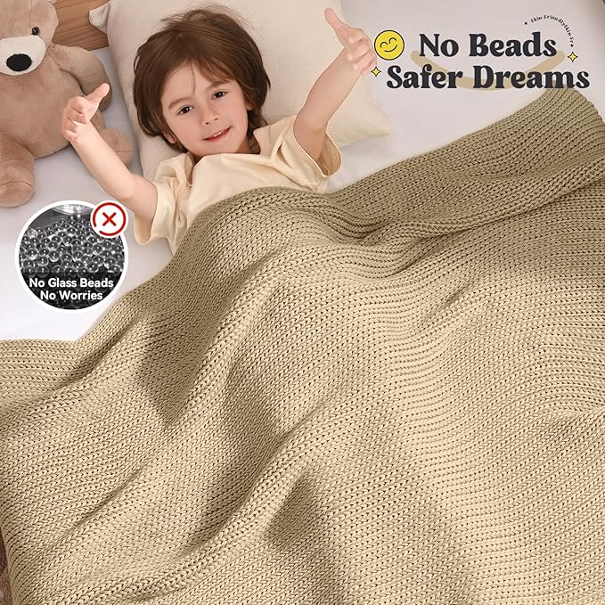Guohaoi Knitted Weighted Blanket Kids (Beige 36"x48" 5lbs) No Beads Cooling Heavy Blanket, Home Decor Breathable Chunky Knit Throw Blanket for All-Season Use