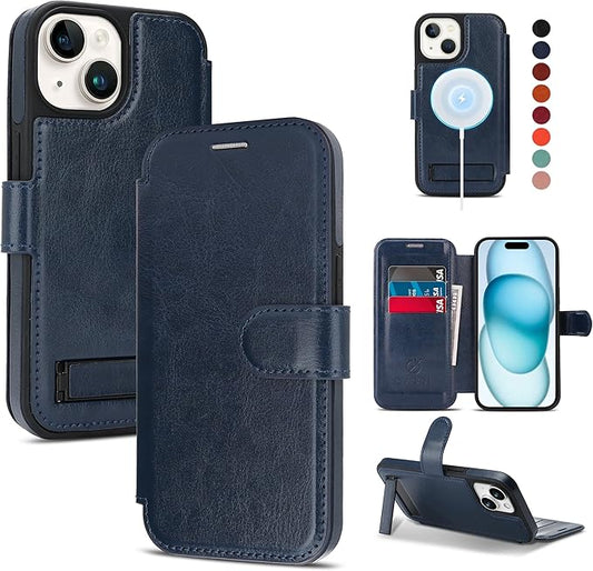 CIVICASE for iPhone 15 Wallet Case with Stand,PU Leather Flip Credit Card Holder Slots (RFID Blocking),Compatible with Magsafe Magnetic Holder Phone Cover Women Men, Blue