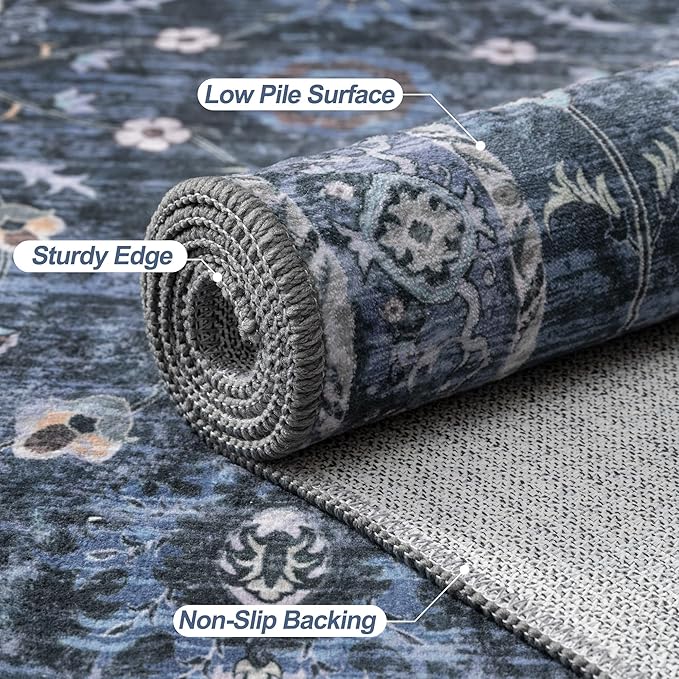 Tangsoo 2x12 Washable Long Runner Rug for Hallway Non Slip, Boho Floral Vintage Carpet Runner Rugs for Entryway Kitchen, Floor Low Pile Runners for Laundry Bedroom Alfombra Blue Black Farmhouse