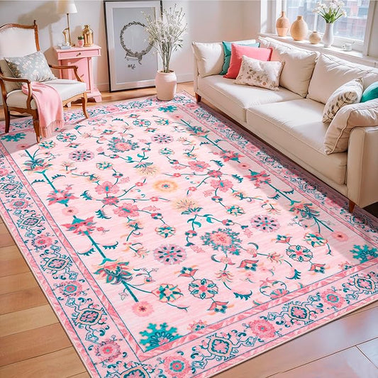 Tangsoo Pink Rug for Bedroom Girl Nursery 5x7, Washable Non Slip Cute Floral Rug for College, Soft Low Pile Carpet for Living Room Teen Coquette Room Loveshackfancy Decor Alfombra Kids Baby Playroom