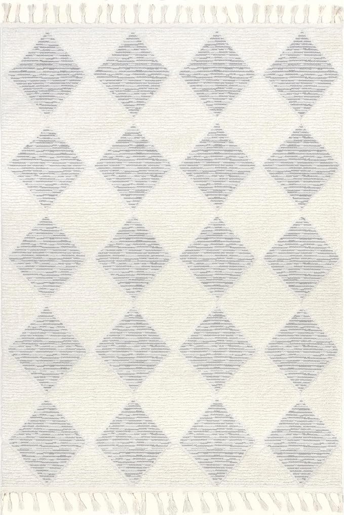 Nuloom Marissa Off-White/Grey, 7'10" x 10', Diamond, Tassel, Soft and Cozy, High Traffic, Stain Resistant, Easy Clean, Durable Area Rug for Bedroom, Living Room, Dining Space, Den, Foyer, Entryway