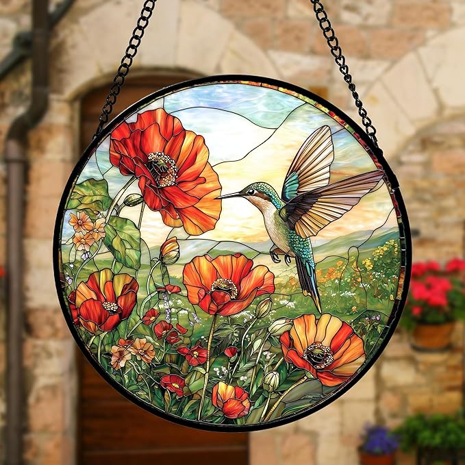 Stained Glass Window Hanging, Hummingbirds Orange Flowers Suncatcher Diamond Glass Panel Hangings Sun Catchers Decor for Birthday for Women, Men, Wife, Aunt, and Mom 11.8 in