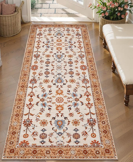 Tangsoo Washable Runner Rug for Hallway Non Slip, 2x5 Boho Floral Vintage Carpet Runner Rugs for Entryway, Floor Low Pile Runners for Kitchen Bathroom Laundry Bedroom Alfombra Orange Farmhouse