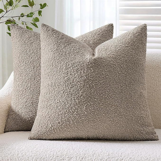 ANRODUO Pack of 2 Textured Boucle Throw Pillow Covers Soft Light Taupe Euro Decorative Accent Solid Pillow Cases Cozy Modern Couch Cushion Case for Sofa Bedroom Living Room Home Decor, 22 x 22 Inch