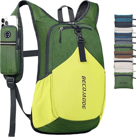 BECOJADDE 15L Small Hiking Backpack for Men Women Foldable Packable Back Pack Ultralight Hiking Daypack for Travel Camping Outdoor, Olive Green Yellow
