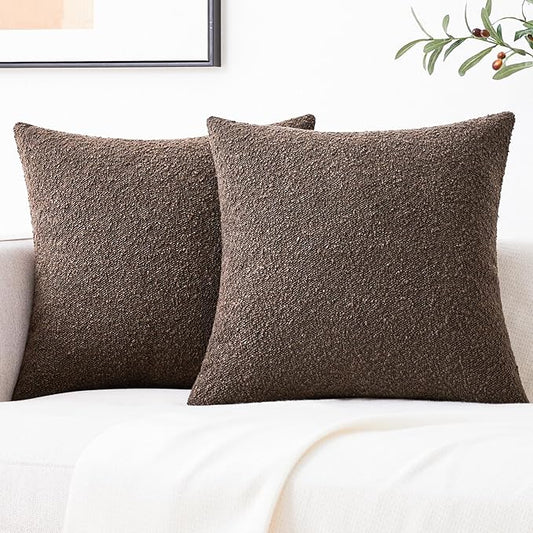 Mixhug Decorative Boucle Throw Pillow Covers, Chocolate Brown, 20 x 20 Inches, Pack of 2 - Textured Boho Pillow Covers for Couch and Bed