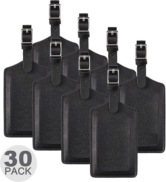 Travelambo 30 Pack Luggage Tags Faux Leather for Suitcases Travel Bag Labels with Protection Cover ID (Black)
