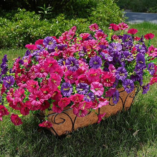 HyeFlora Artificial Flowers for Outdoors Fake Plants Outside Decoration, 12 Bundles Silk Colorful Morning Glory with Eucalyptus UV Resistant Realistic Faux Flowers for Planter Porch Patio Yard Garden