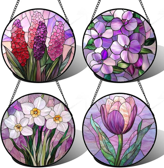 DASTOLL Stained Glass Window Hanging 4 Pcs Set Purple Flower Theme 6.3" - Tulip Suncatcher Door Garden Sun Catcher Decor Birthday Christmas for Plant Lovers Woman Nana Men