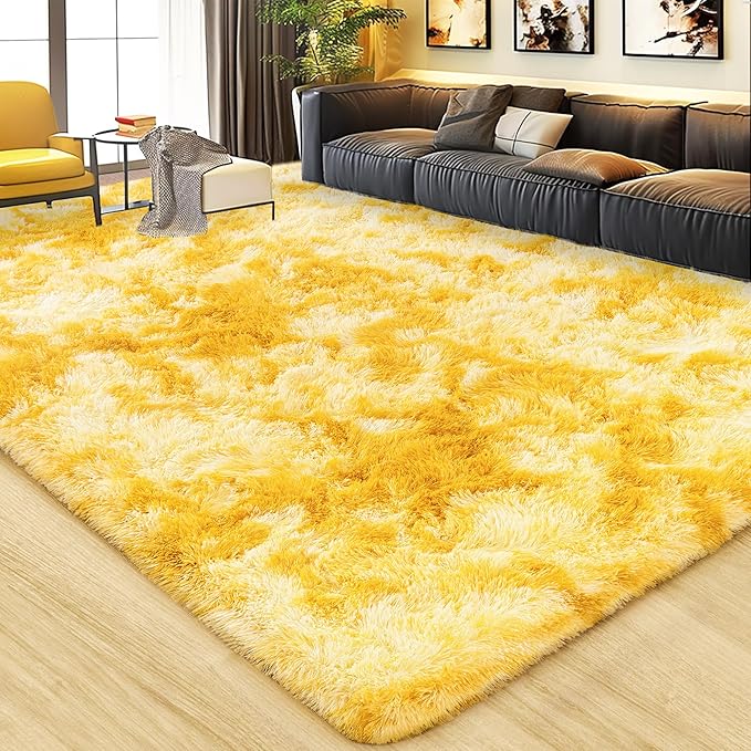 Ultra Fluffy Area Rugs for Living Room Bedroom, 6x9 Fuzzy Large Living Room Rugs, Thick Shag Rug for Dorm, Soft Non Slip Kids Girls Boys Rug for Home Decor Aesthetic, Tie-Dyed Yellow