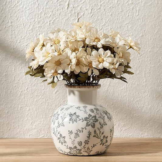 SIDUCAL Ceramic Vintage Vase, 5.91 Inch Retro Ice Cracked Chinoiserie Floral Vase, Rustic Farmhouse Vases for Home Decor, Bookshelf, Garden, Chinoiserie Decor, Tuscan Decor, Gray Floral Pattern
